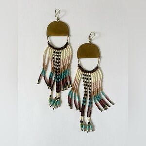 Handmade Beaded Artisan Fringe Southwestern Statement Earrings Brass Festival